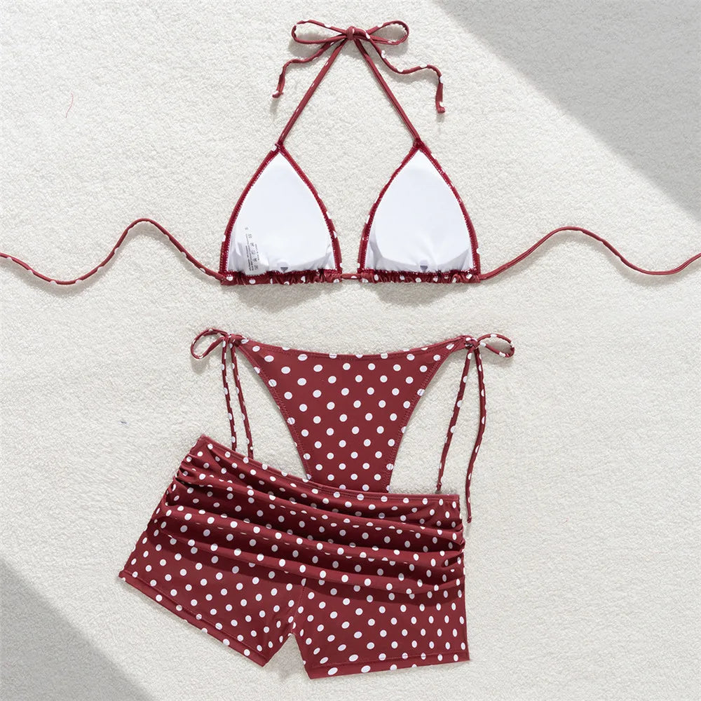 White Dot Print Micro Thong 3 Piece Bikinis Sets Bottoms Shorts Swimwear Sexy Swimsuit Woman 2026 Halter String Triangle Bikini