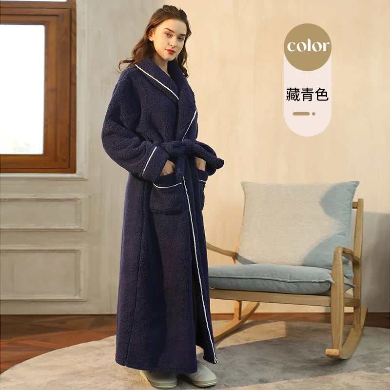 Autumn Winter Flannel Plus Size Robe Pajamas Thick Cozy Fleece Couple Bathrobe, Men Women Long Warm Loungewear,