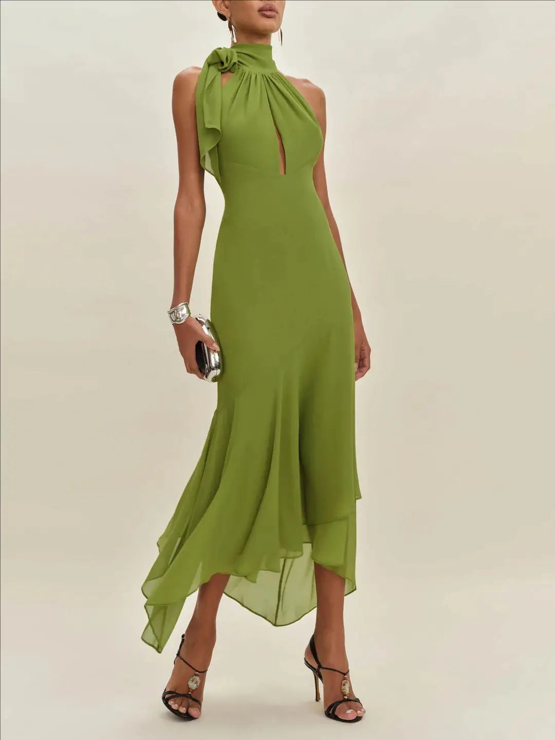 Temperament Halter Neck Long Dresses Women Green Backless Leace-up Irregular Package Hip Party Dress Elegant Banquet Vestidos