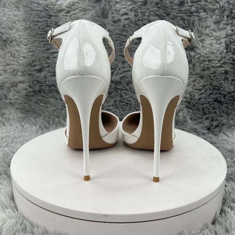 Bright white Cover Pointed Toe Sexy Woman Shoes Thin Super High Heel T-strap Grace Lady Pumps Breathable Summer Shallow Slip-on