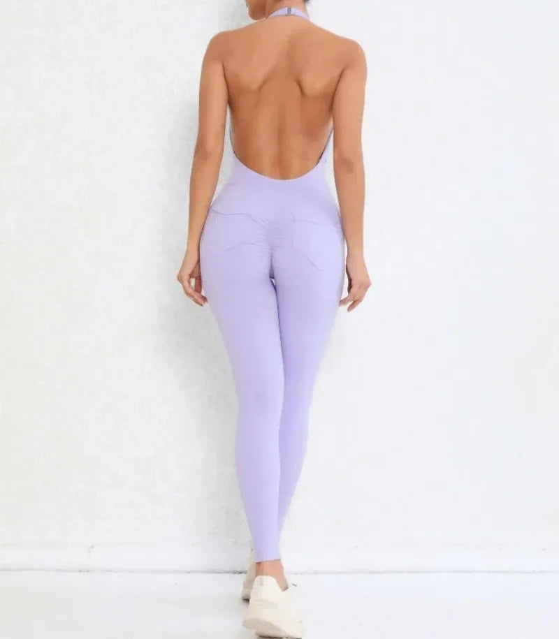 Women's Seamless Yoga Jumpsuits Sports Fitness Peach Hip-lifting Beauty Backless One-piece Pocket Tight Workout Gym Bodysuit