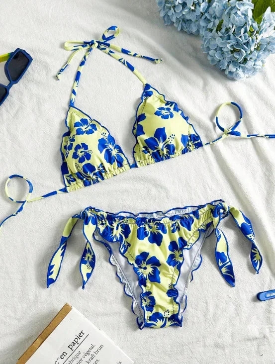 Women Cute Bikini Set 2025 New Summer Orange Floral Print Halter Ruffles Push Up Tie Side Thong Swimsuit Bathing Suit