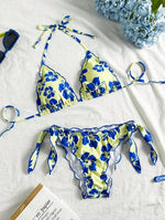 Women Cute Bikini Set 2025 New Summer Orange Floral Print Halter Ruffles Push Up Tie Side Thong Swimsuit Bathing Suit