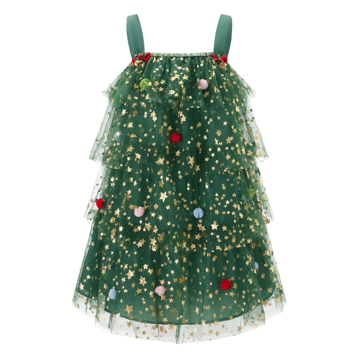 Women Fashion Christmas Dress Star Print Square Neck Sleeveless Layered Tulle Dresses with Plush Ball