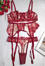 Women's New Floral Embroidered See-Through Mesh Lingerie 4-Piece Set - Sexy Underwear for Special Nights
