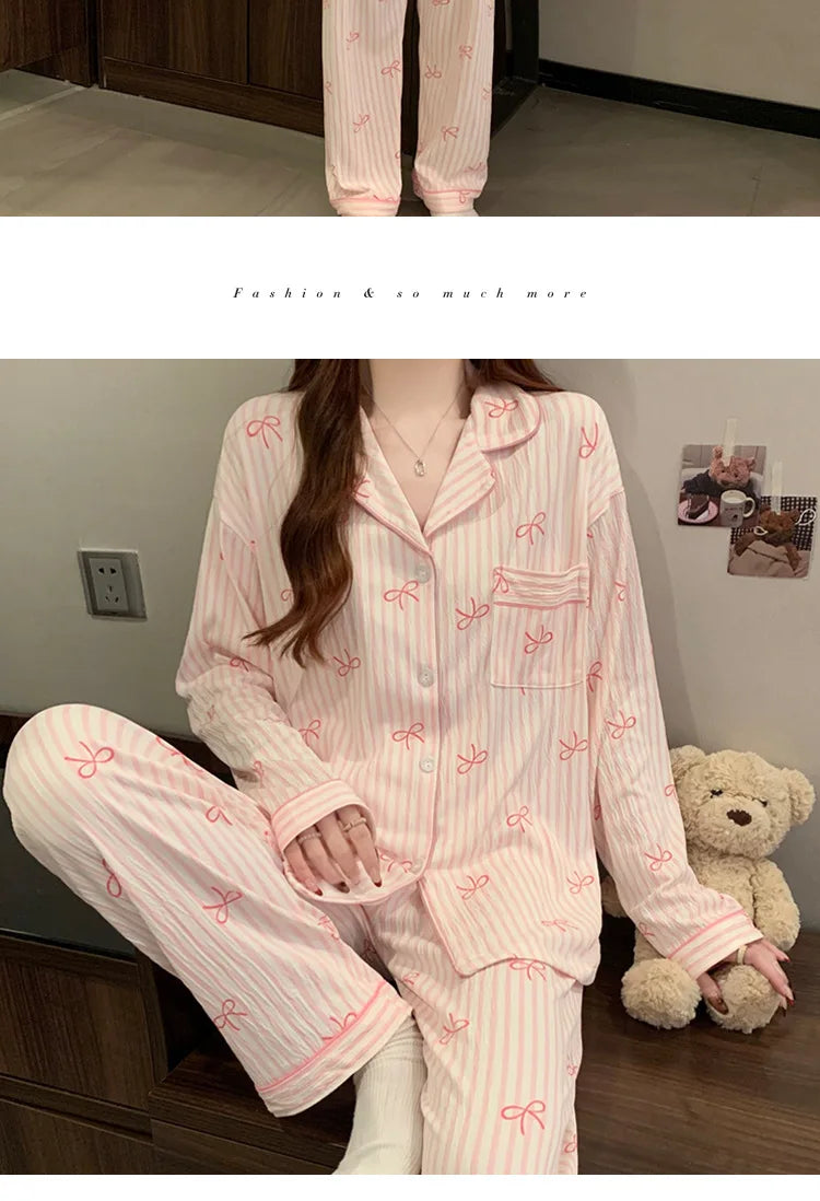 Printemps et automne nouveaux pyjamas pour femmes ensemble de vêtements de détente fille amour Cardigan pyjamas tissu froissé vê