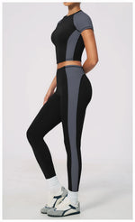 Nake Yoga Set Women's Tracksuit Color Contrast Short Sleeve Slim Sports T Shirts High Waist Leggings Fitness Clothes Gym Outfits