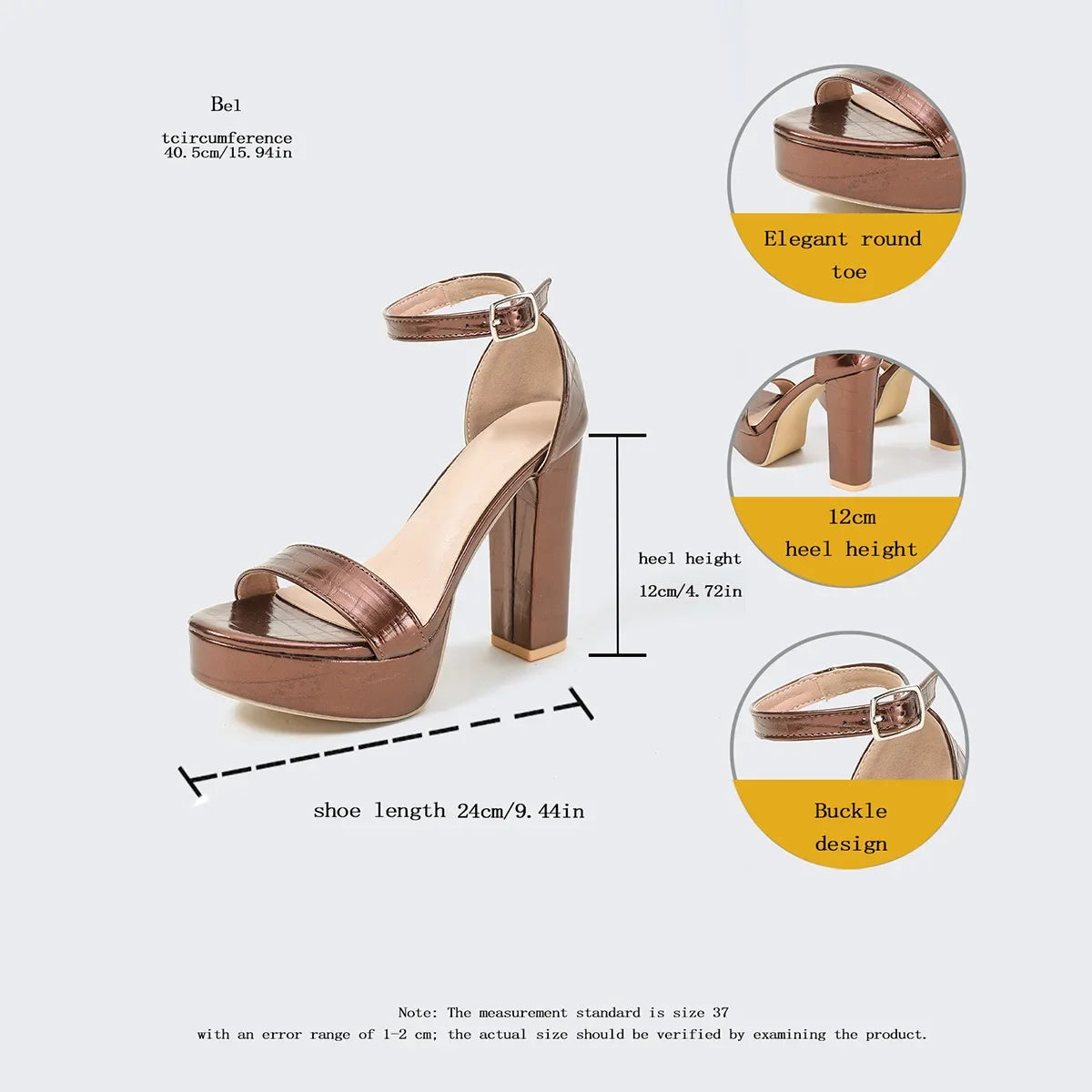 Gold Size35-42 Sandals Women's Thick Heel Square Head Buckle Waterproof Table Open Toe Hollow Word with High Heel Sandals