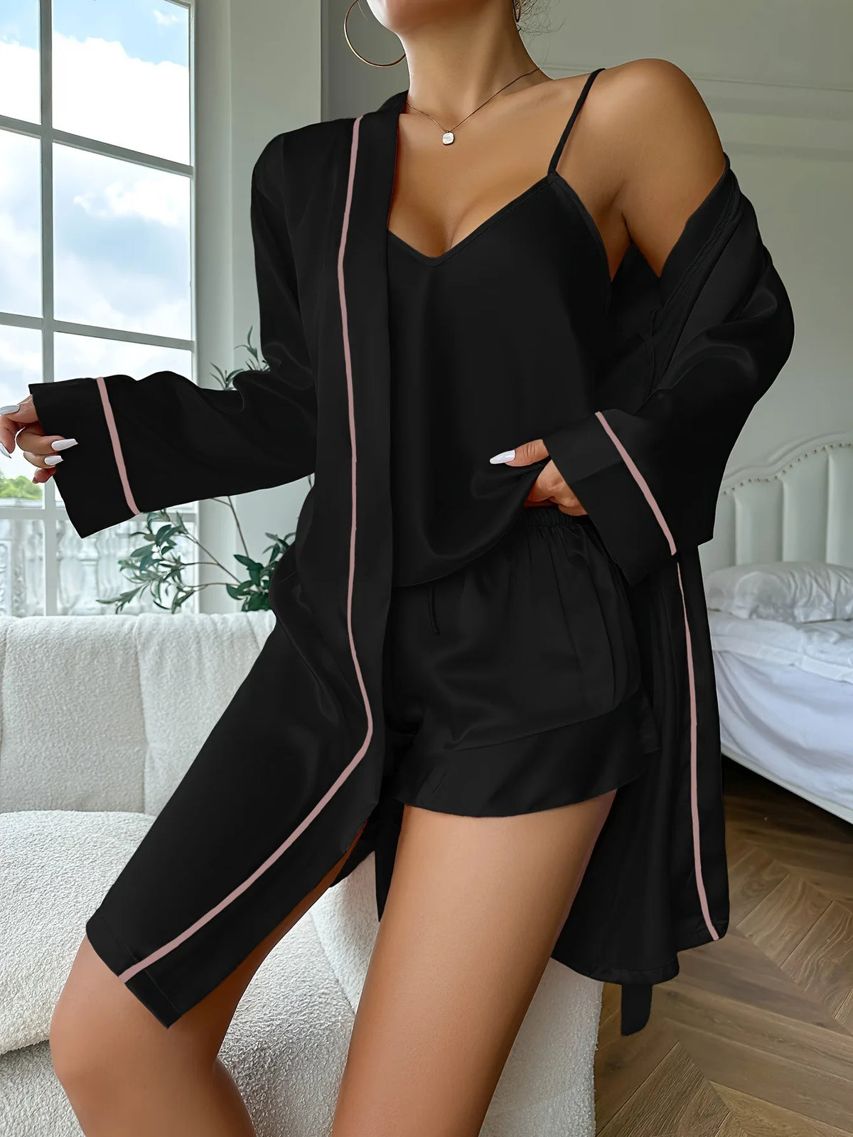 Ice silk pajamas, women's camisole shorts, three piece nightgown set, comfortable for all seasons, can be worn as outerwear