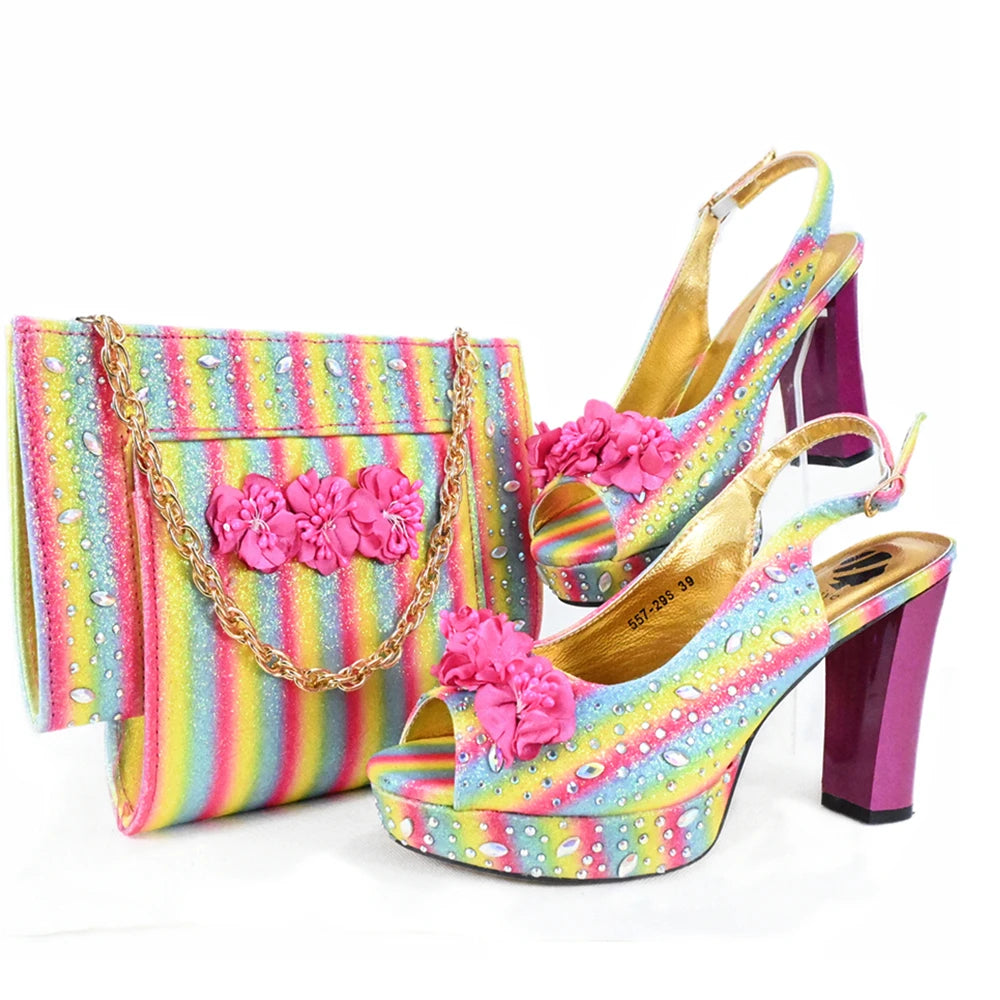 Doershow New Arrival African Wedding Shoes and Bag Set gold Color Italian Shoes with Matching Bags Nigerian lady partyHJK1-14