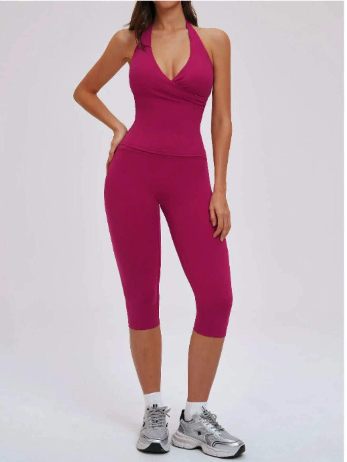 2PCS Workout Set Women Yoga Sets V Neck Cross Slim Sports Tank Top Athletic Wear Outdoor Tight High Waist Leggings Fitness Suits