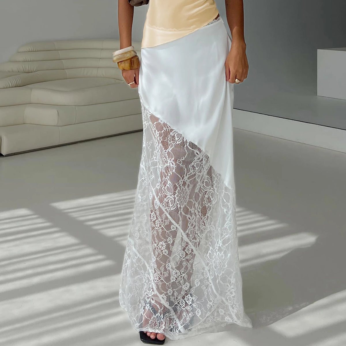 Women's Summer Satin Lace Patchwork Long Skirts Mid Waist Solid Color Fashion Elegant Asymmetric Skirts