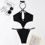 Solid Color One Piece Swimsuit Women 2026 Sexy Hollow Out Pearl Chain Bikini Halter Backless Thong Swimwear Beach Bathing Suit
