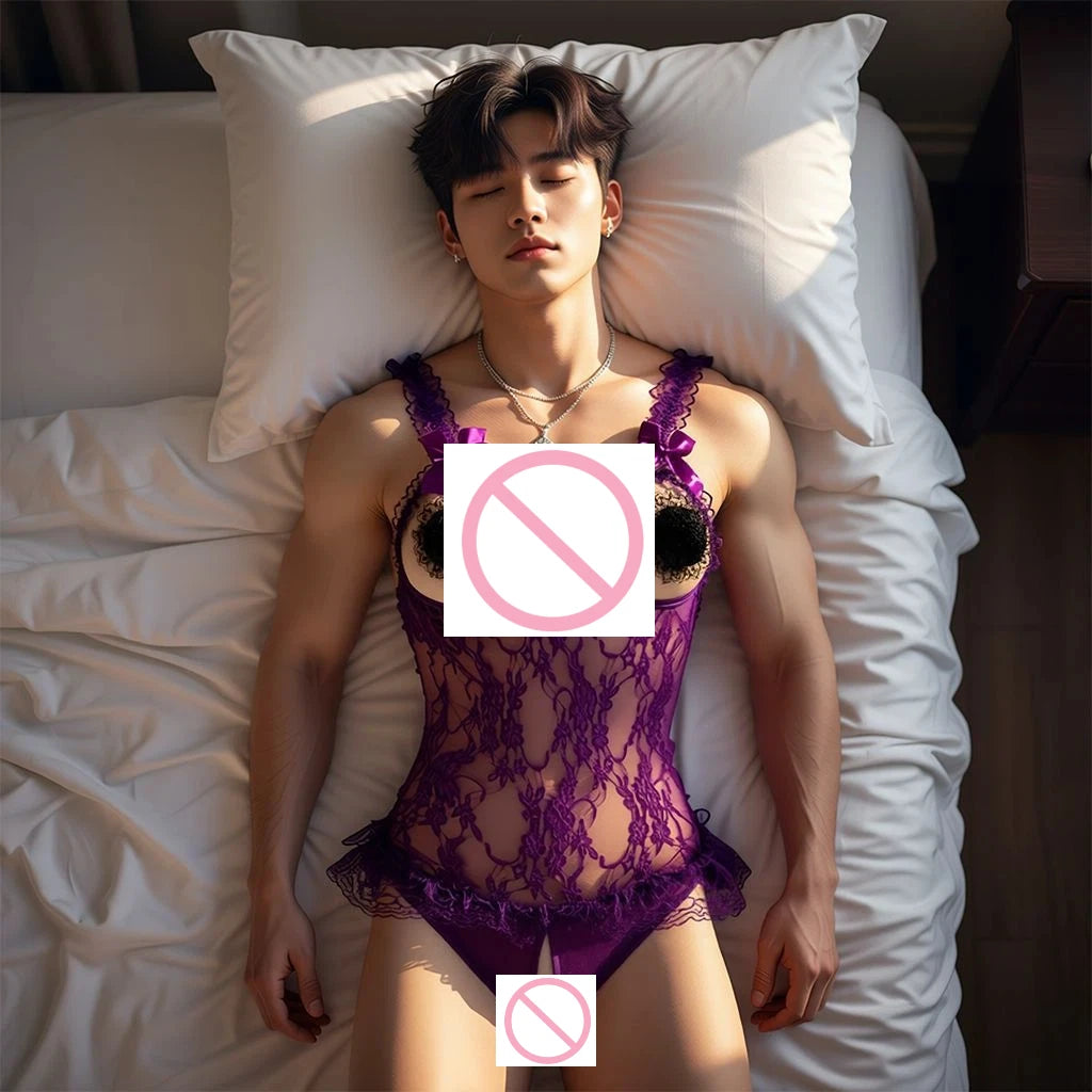 Erotic underwear for men, sexy purple pajamas, lace jumpsuit, open and easy to take off
