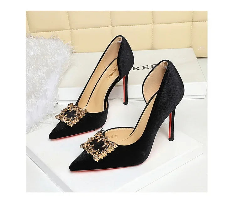 Women 10cm Super High Heels Pointed Toe Side Hollow Work Pumps Metal Crystal Buckle Velvet Stiletto Fashion Banquet Lady Shoes