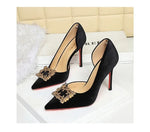 Women 10cm Super High Heels Pointed Toe Side Hollow Work Pumps Metal Crystal Buckle Velvet Stiletto Fashion Banquet Lady Shoes