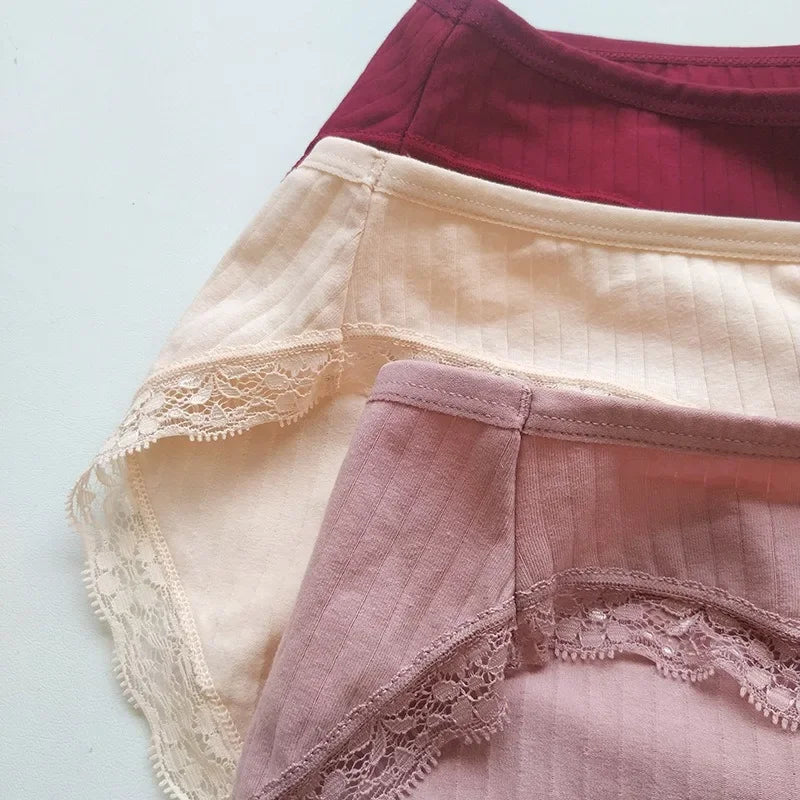 3Pcs/Set Cotton Panties Women Lace Trim Briefs Female Underpants Solid Color Soft Underwear Sexy Lingerie Intimates M-XL