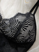 Black Sheer Mesh Teddy Bodysuit Women Floral Lace V Neck Ruffle Trim One Piece Lingerie Intimate Body Suit Sleepwear ZA825256