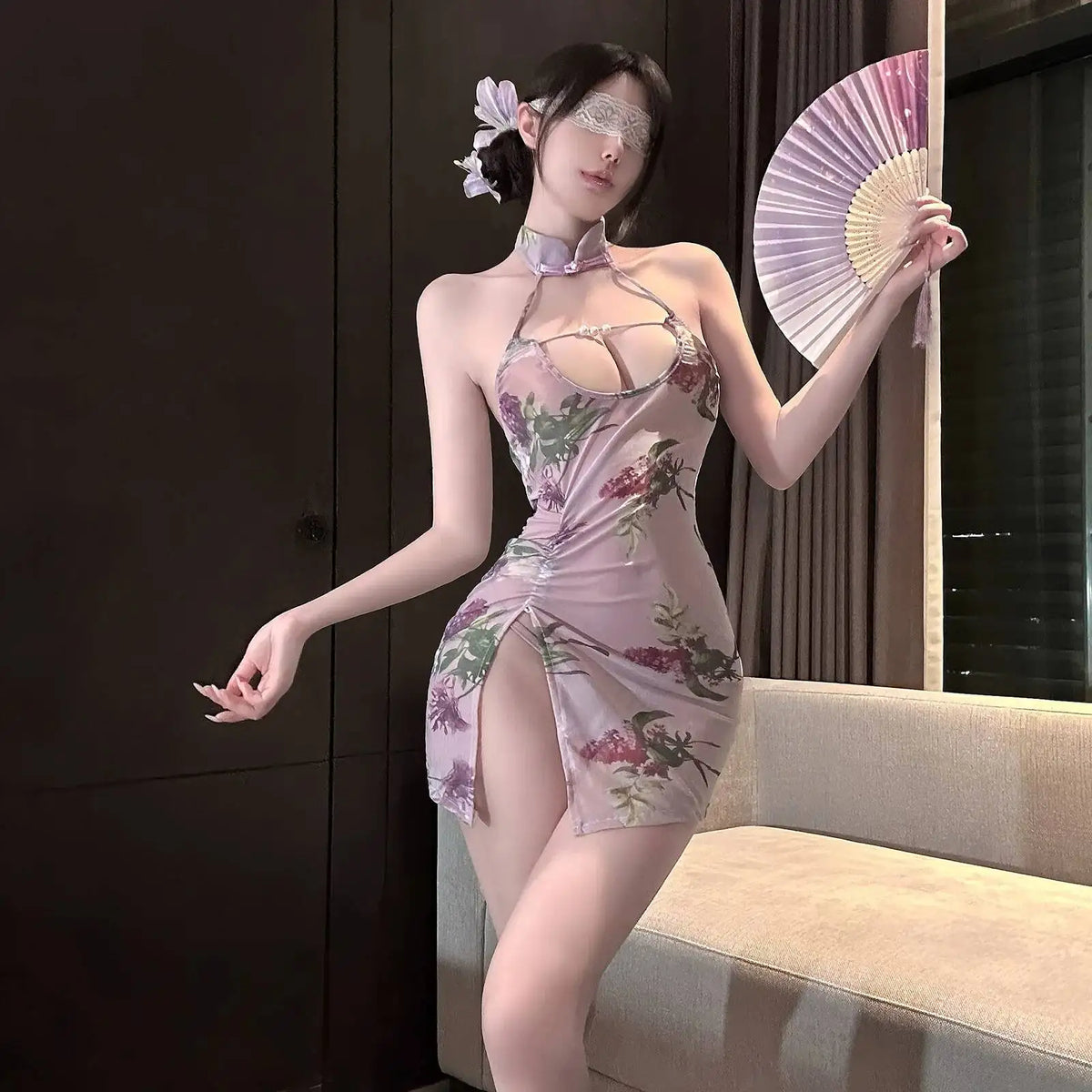 Hanging Neck Flower Print Off-the-shoulder Dress For Woman Pure Desire Backless Sleeveless Dress Elegant Nightclub Style 1P2O