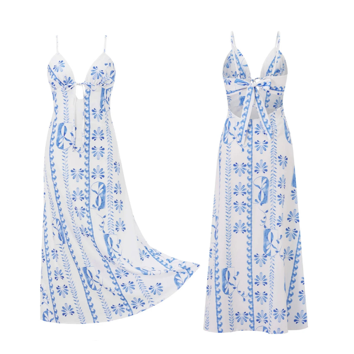 2026 Summer Women Tie-up Back Long Dress Spaghetti Strap V Neck Flowy Loose Dress Casual Party Bohemian Streetwear