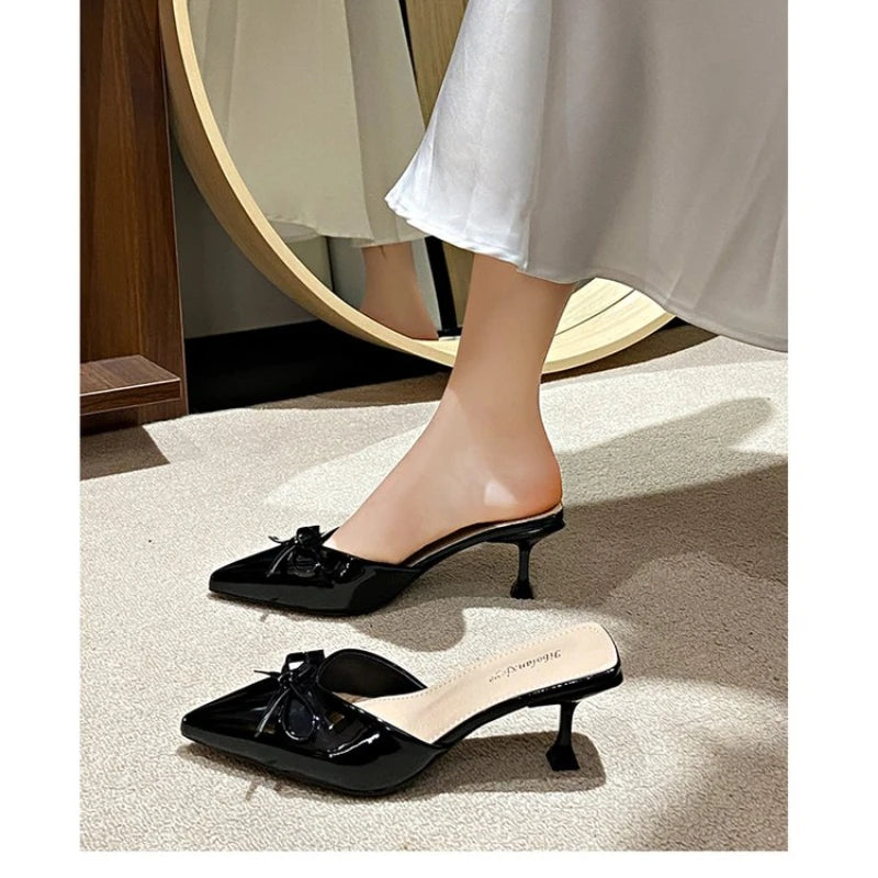 Patent Leather Bowknot Mule Slides Woman Pointed Toe Kitten Heel Pump Sandals LadiesBright Color Evening Party Dress Shoes