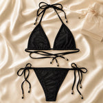 Women Bikini Set 2pcs Black Halter Triangle Swimsuit, Tie Side V Shape Bottom, Solid Color Beach Vacation Swimwear