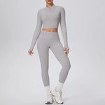 New Women Yoga Set Solid Color Double-Sided Brushed Bare Feel Short Long-Sleeve Jacket Tight Pants Running Fitness 2-Piece Set