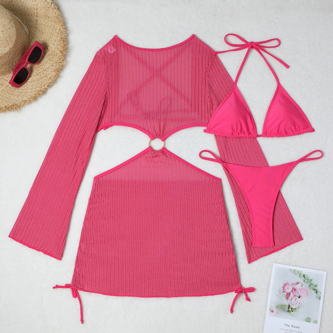 With Long Sleeve Cover Up Halter Bikini Women Swimwear Female Swimsuit Three-pieces Bikini set Bather Bathing Suit Swim V5123