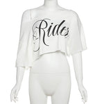 Letter Print Oversized Tees Women Skew Collar Off Shoulders Short Sleeves T-shirt Irregular Hem Hip-hop Style Trend Crop Tops