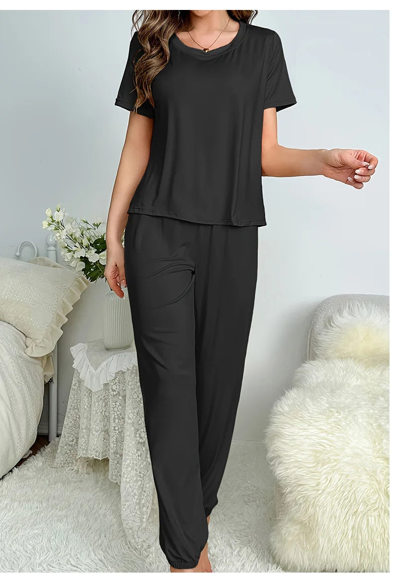 Women's Sleepwear Spring and Summer New Pajamas Women's Short-sleeved Trousers Set Classic Solid Color Casual Loungewear