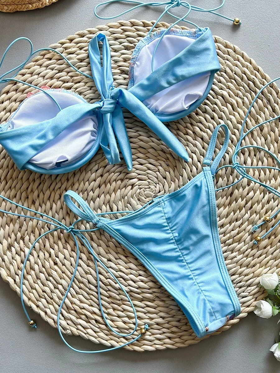 Sexy Pink Flower Embroidery Print Swimsuit Women 2025 Sexy Underwire Drawstring Bikini Set Summer Beach Bathing Suit Swimwear