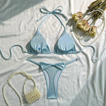Shiny Blue Bikinis Sets 2026 Women Sexy Bandage Cross Push Up Bra Back Bow Triangle Swimsuit Beach Bathing Suit Micro Swimwear