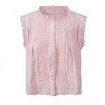 Summer Women’s Button Down Eyelet Tops Solid Color Sleeveless Round Neck Lace Trim Shirts Daily Casual Blouse Summer