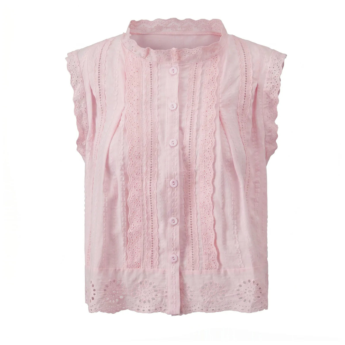 Summer Women’s Button Down Eyelet Tops Solid Color Sleeveless Round Neck Lace Trim Shirts Daily Casual Blouse Summer