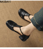French Slip-on Single Shoes Retro British Shoes for Women Brown T-Strap Shallow Flat Sandals Soft Leather RomeSummer New 32-43