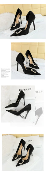 BIGTREE Pumps Elegant Pointed Crystal Buckle Slim High Heel Single Shoes Women Silk Spring/Summer High Heel Pumps Wedding Dress