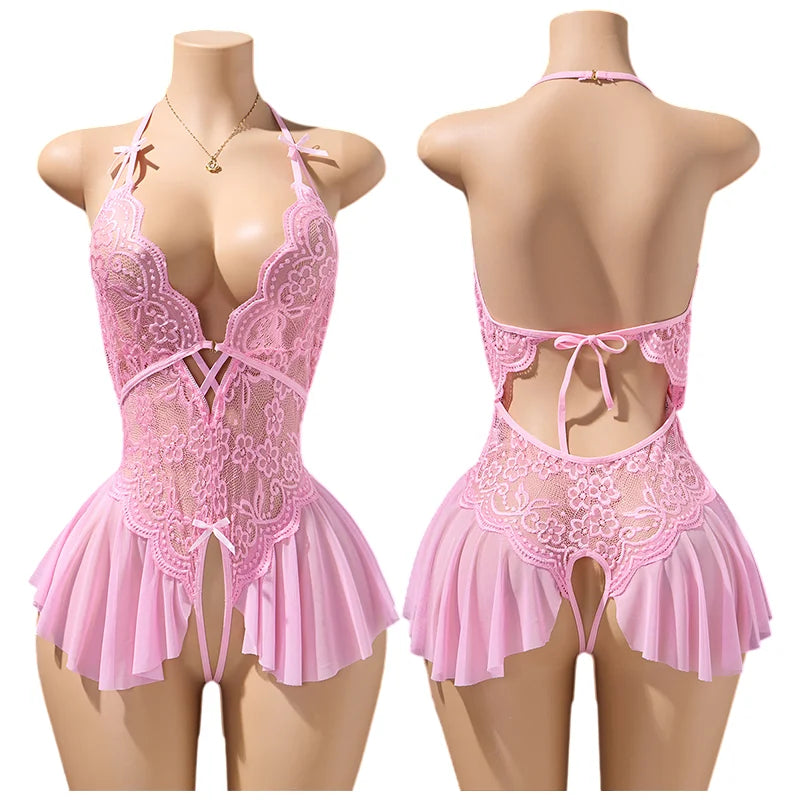 Pink Sexy Lingerie Women Hollow Open BodysuitAdult Apparel Teddy Crotchless Erotic Underwear One Piece V-neck Hot Lace Pajamas