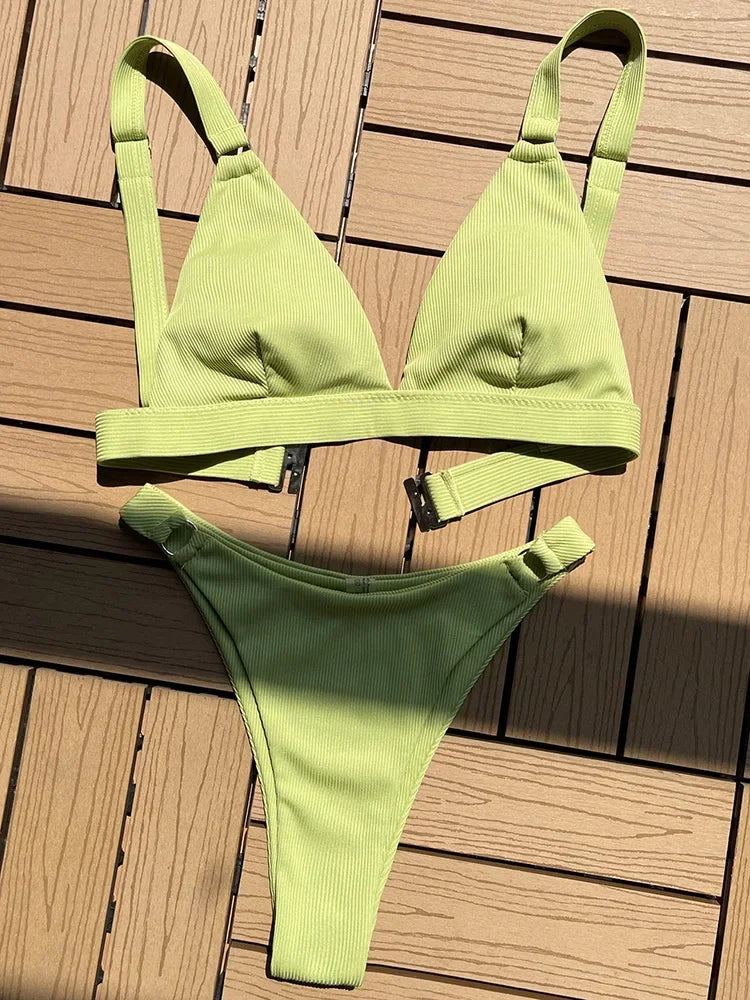 Ribbed Triangle High Cut Bikini Women Swimsuit Female Thong Swimwear Two Pieces Bikini Set Rings Bather Bathing Suit Swim Lady