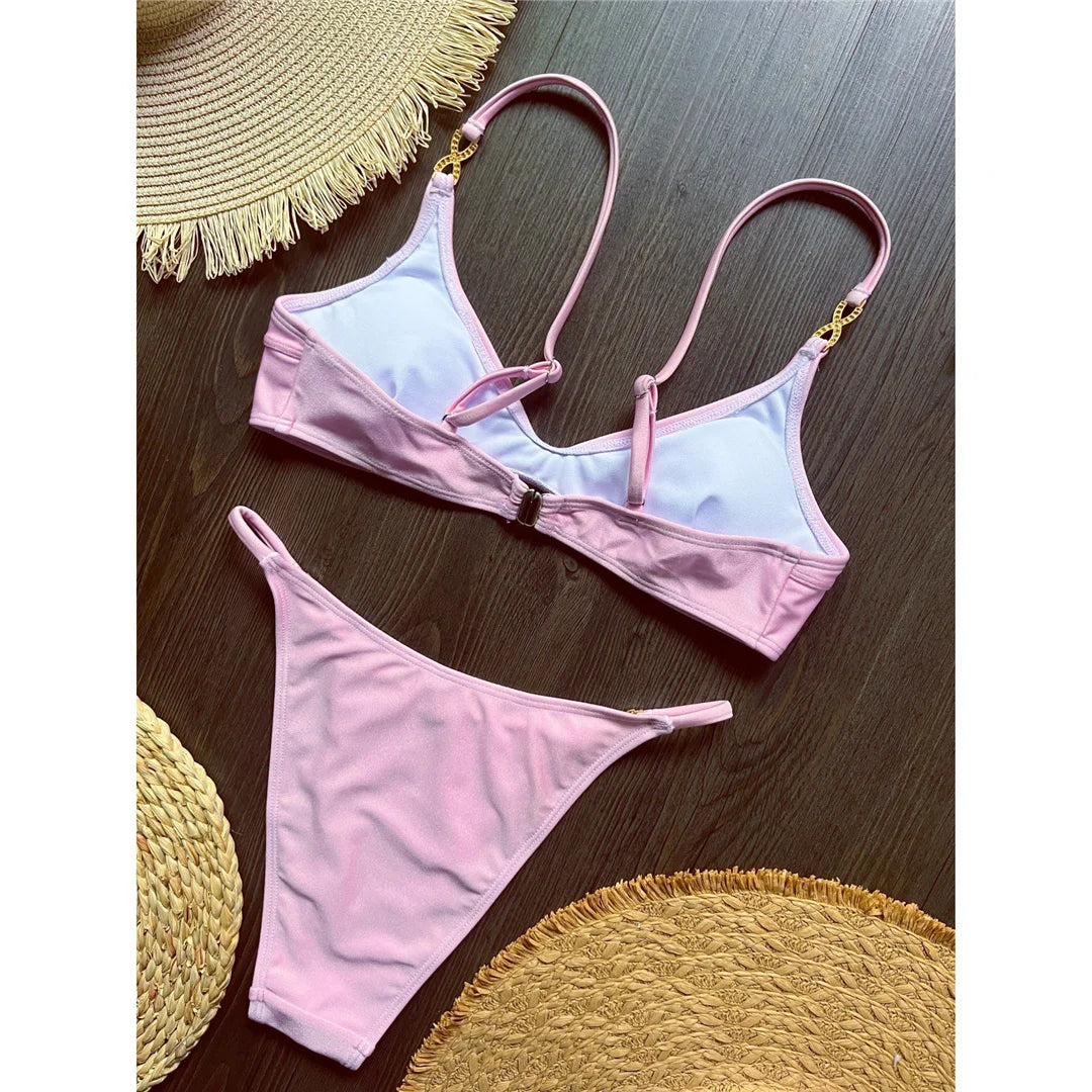 10 Colors V Neck Rhinestones Bikini Female Swimsuit Women Swimwear Padded Bather Bathing Suit Swim Two-pieces Bikini set K8138