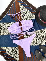 Solid Color Bikini Sexy Hollow Out Bandage Cross Thong Swimwear Women Halter Backless Bathing Suit High Waist Swimsuit 2026 New