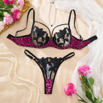 Sweet and cool rose-pink leopard print floral embroidery lingerie set - Hot girl style mesh 3/4 cupped bra thong set ZA825183