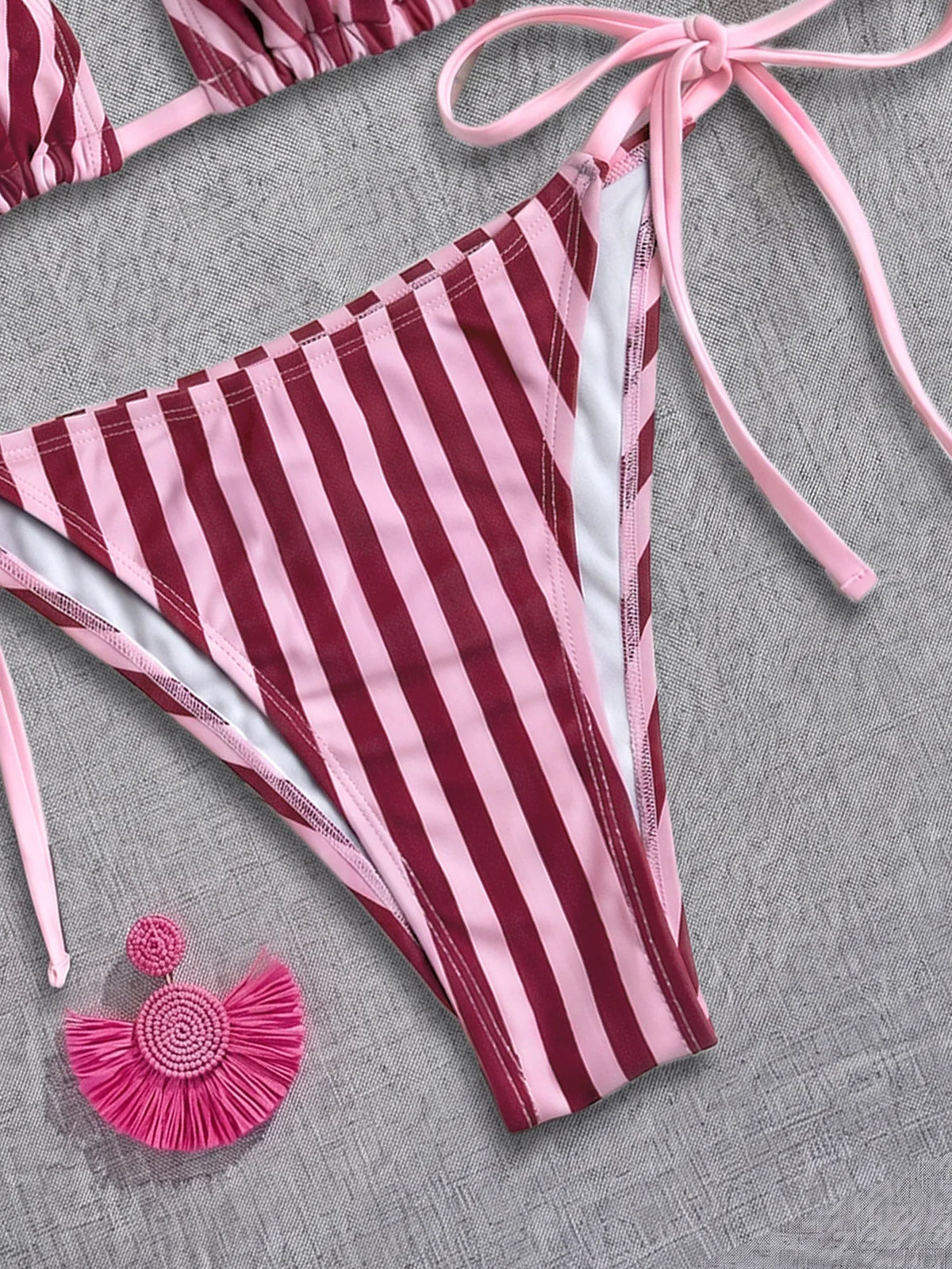 Sexy Pink Striped Micro Bikini 2026 Women Halter Push Up Bra Tie Side Thong Swimsuit Beach Bathing Suit Holiday Swimwear Biquini