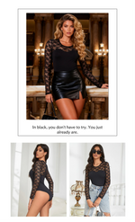 Black Lace Long Sleeve Open Crotch Bodysuit for Women Sheer Mesh Teddy Lingerie Push Up Swimwear Fabric Sexy Jumpsuit