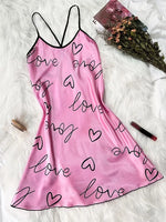 Valentine's Day Heart Printed Silk Satin Nightgowns for Women Sleepwear Sexy Nightdress Backless Nighties Lounge Wear