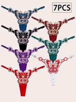 7PCS Butterfly Embroidered Low Waist Thong Set for Women, Sexy Breathable Soft Panties, Comfortable Quick Dry Underwear