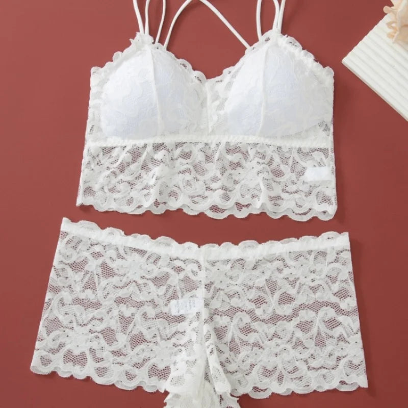 Women Lace Bra Set Bralette Low Rise Panties Nonwire Padded Bra Solid Color Underwear Set Female Sexy Lingerie Comfort Intimates