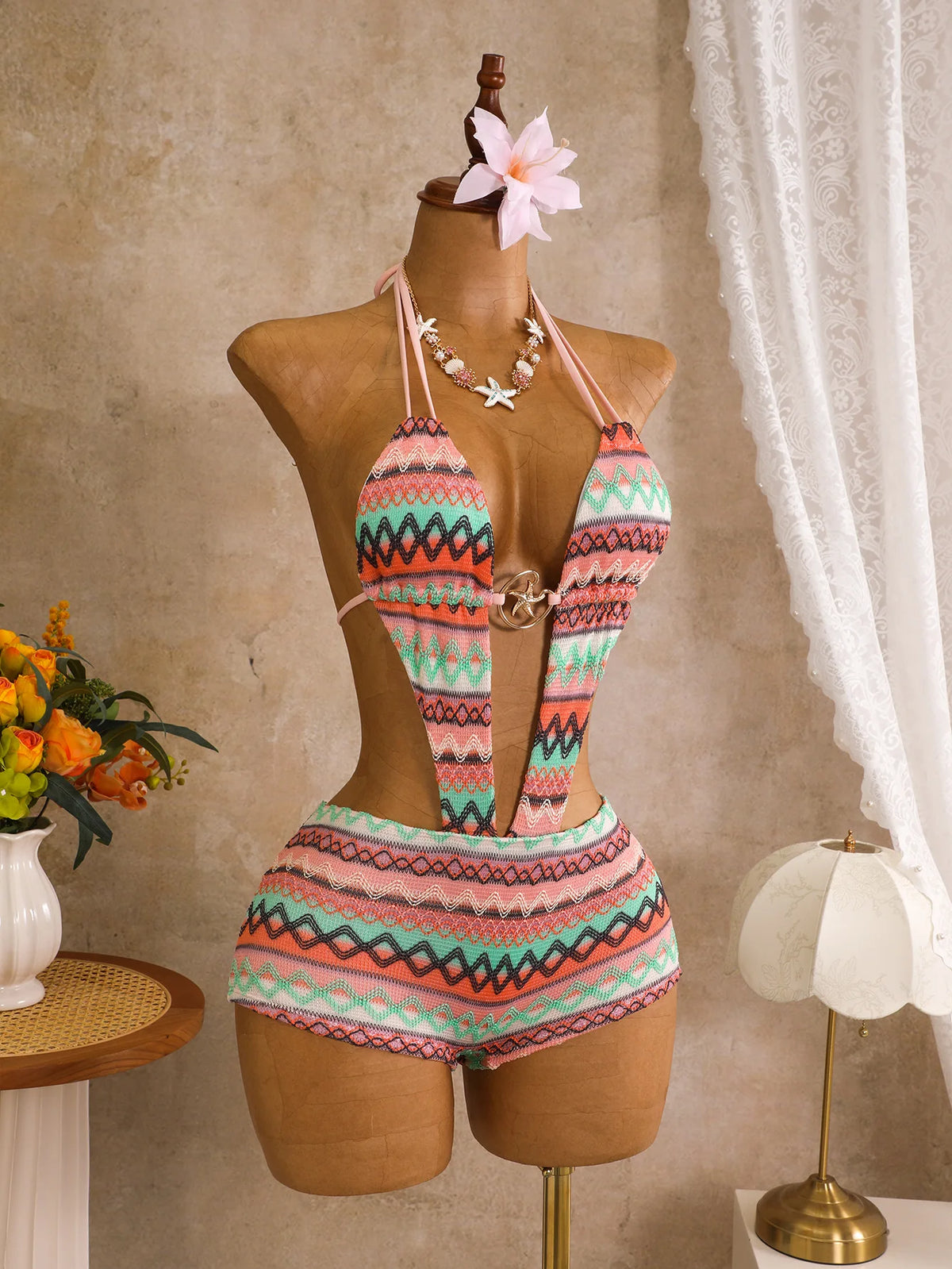 Sexy Hot Pink Knitted Striped Swimsuit 2026 Women Metal Circle Patchwork Hollow Backless Beach Bathing Suit One Piece Swimwear