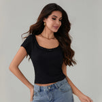Women's Summer Solid Color Basic T-Shirts Casual Slim Fit Stylish Lace Trim Bow Crew Neck Short Sleeve Crop Tops