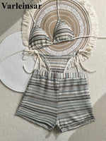 New Sexy Striped Halter Bikini Women Swimwear Three-pieces Bikini set With Shorts Female Swimsuit Bathing Suit Bather Swim V6326