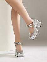 Women Silver Metallic Platform Mary Jane Shoes Double Rhinestone Buckle Chunky Block High Heels Y2K Vintage Square Toe Pumps